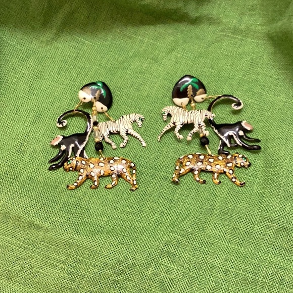 Vintage Lunch at the Ritz zoo animal pierced earrings Zebra, monkey & leopard - Picture 2 of 6